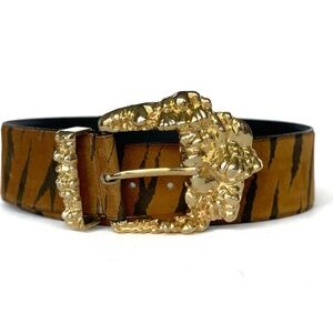 Julius Resnick JR Vintage 80s Tiger Print Suede Leather Statement Belt Gold M/L